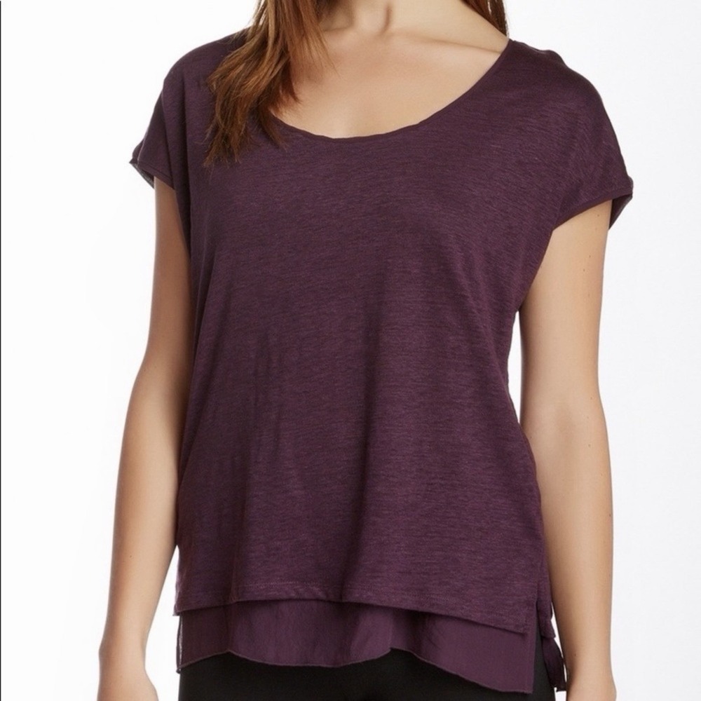 Vince Linen Silk Layered Top Womens Small Plum Mixed Media Tee Sheer Hem